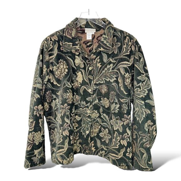 Coldwater creek green tapestry, printed long sleeve button up jacket coat Sz L - Picture 1 of 10